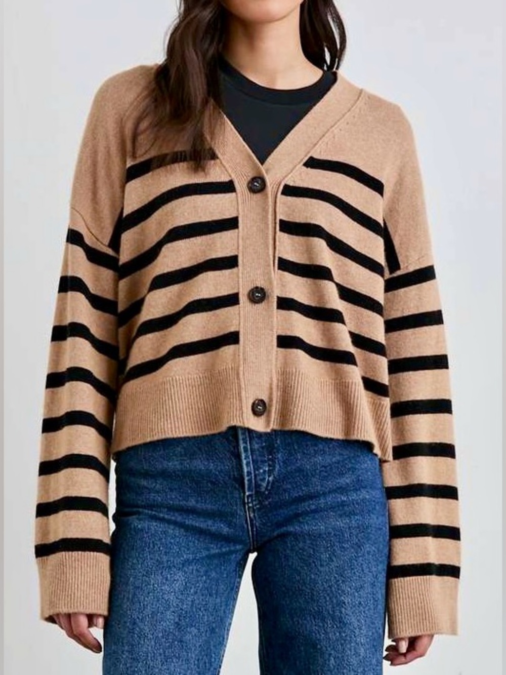 Rails Geneva Button Cardigan Sweater in Camel / Black Stripe Wool Cashmere Blend